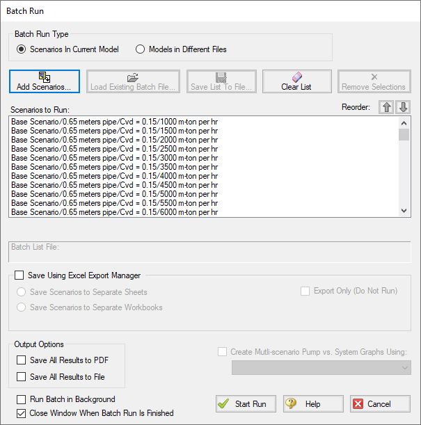 The Batch Run window with each scenario selected to run.